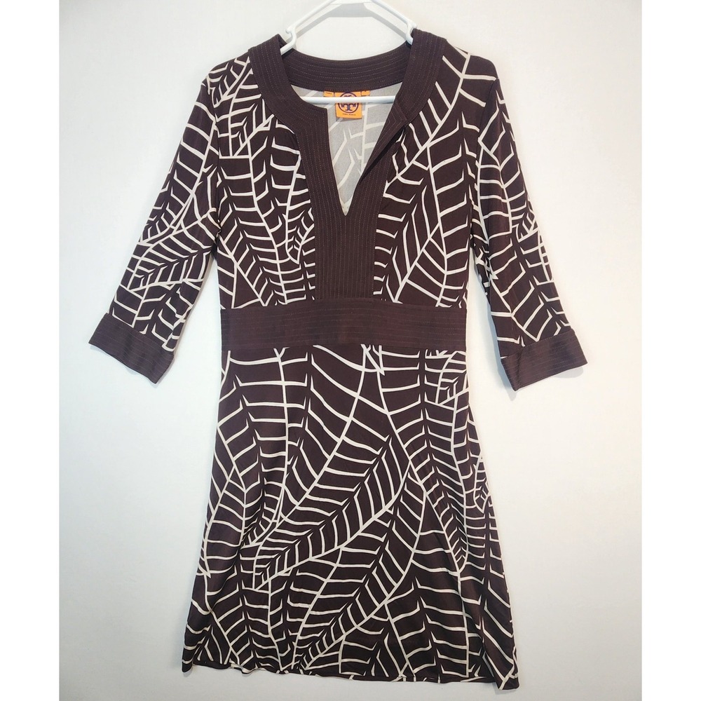 Tory Burch Women's Classy Elegant‎ 100% Silk Dress Brown/White Size M